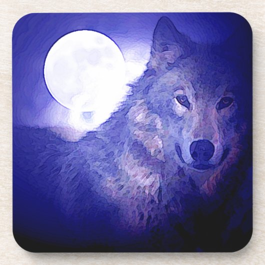 Wolf, Moon & Blue Night Untersetzer (Vorderseite)
