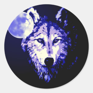 Wolf & Moon Dark Blue Night Collage Runder Aufkleber