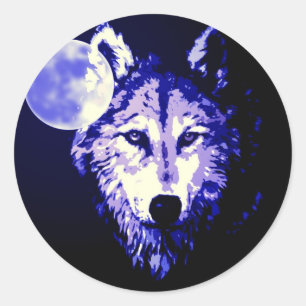 Wolf & Moon Dark Blue Night Collage Runder Aufkleber