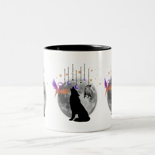 Wolf-Moon-Phoenix-Owl-grafische Design Kaffee-Tass Zweifarbige Tasse (Mittel)