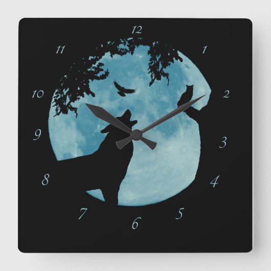 Wolf Moon Raven Owl Wildlife Clock Quadratische Wanduhr (Vorderseite)