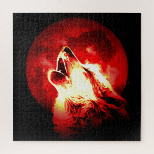 Wolf, Moon & Red Sky Illustration Puzzle