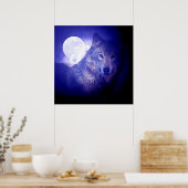 Wolf & Moon Square Poster Print Blue Night Wolfs (Küche)