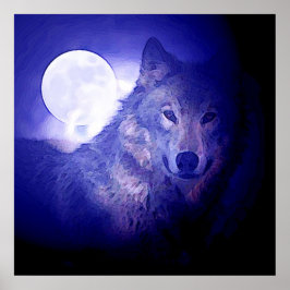 Wolf & Moon Square Poster Print Blue Night Wolfs