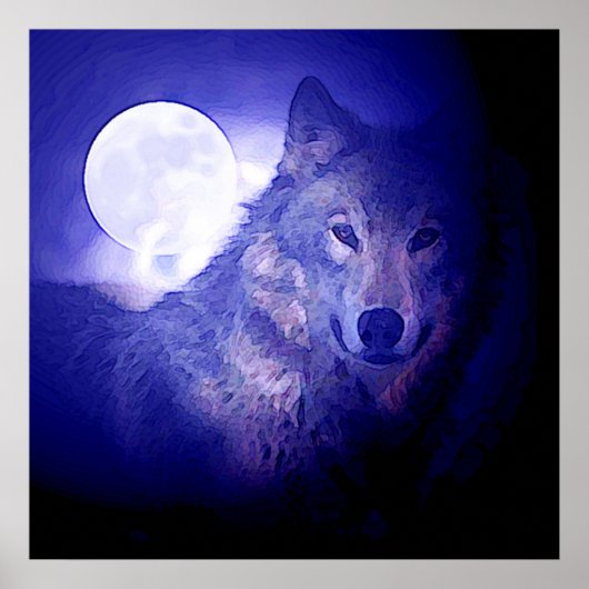 Wolf & Moon Square Poster Print Blue Night Wolfs (Vorne)