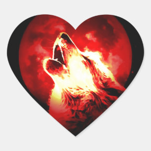 Wolf, Moon und Red Sky Herz-Aufkleber