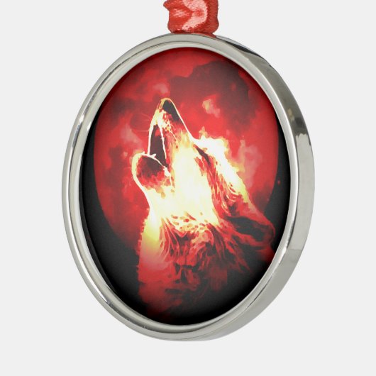 Wolf, Moon und Red Sky Silbernes Ornament (Links)