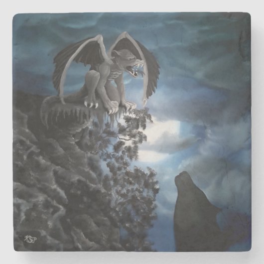 Wolf Moon - Wolf mit Golem Steinuntersetzer (Vorderseite)