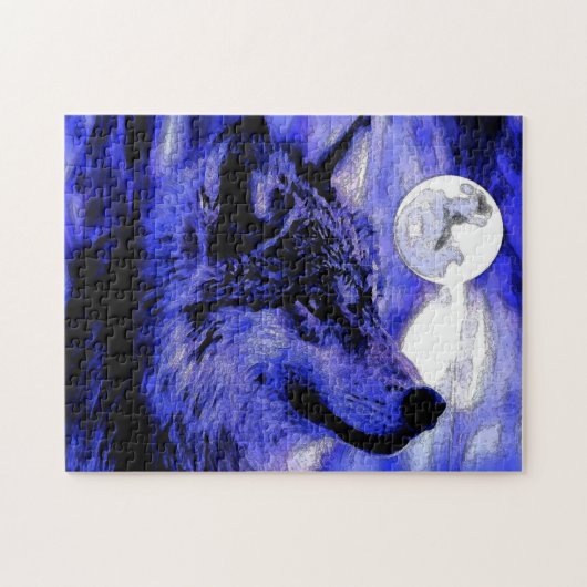 Wolf Motivierend Freedom Blue Night Fullmoon Puzzle (Horizontal)