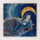 Wolf nachts unter dem Halbmond Puzzle (Horizontal)