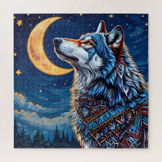 Wolf nachts unter dem Halbmond Puzzle (Vertikal)