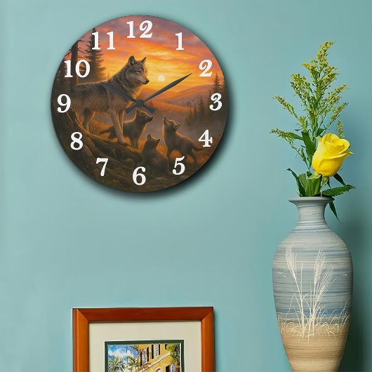 Wolf pack at golden sunset große wanduhr