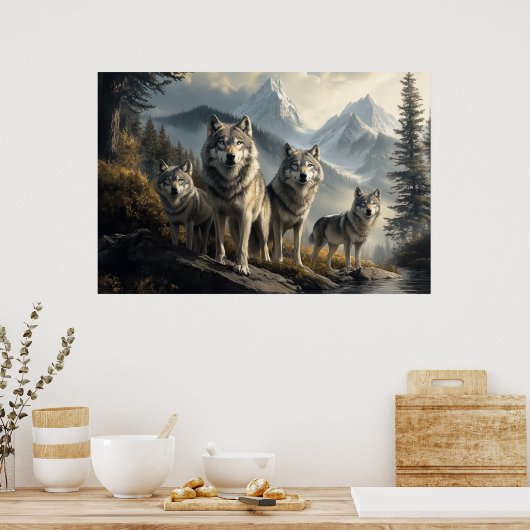 Wolf Pack in der Bergwelt Poster (Küche)
