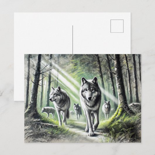 Wolf Pack Moving Through Green Forest Postkarte (Vorne/Hinten)