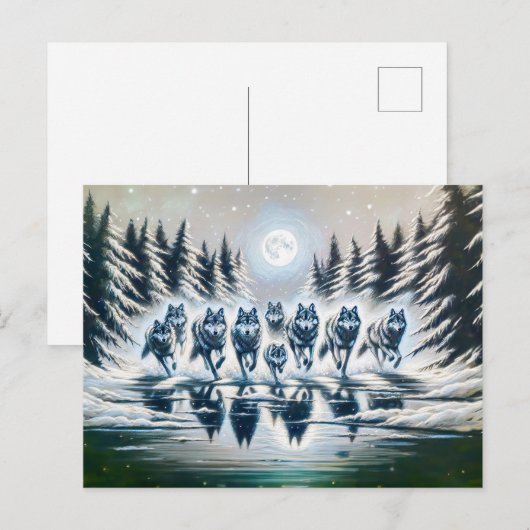 Wolf Pack Running Through a Winter Lake Postkarte (Vorne/Hinten)