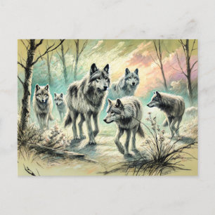 Wolf Pack Running Through Forest Postkarte