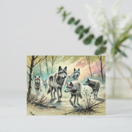 Wolf Pack Running Through Forest Postkarte (Stehend Vorderseite)