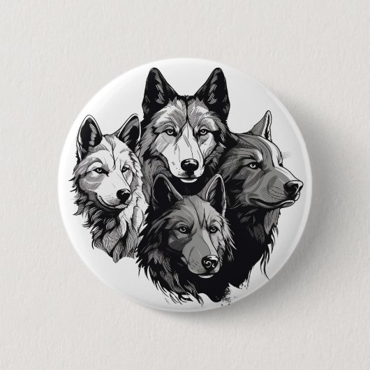 Wolf Pack Tribal Graphic Black and White Wolves Button (Vorderseite)