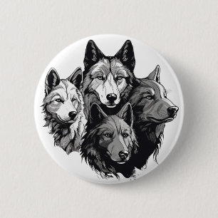 Wolf Pack Tribal Graphic Black and White Wolves Button