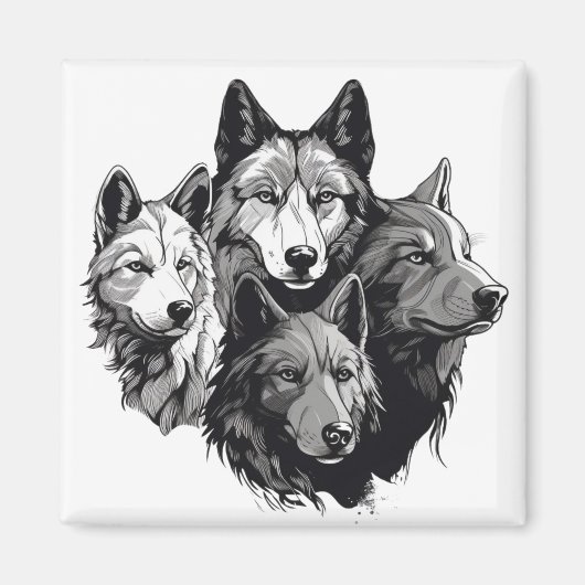 Wolf Pack Tribal Graphic Black and White Wolves Magnet (Vorne)