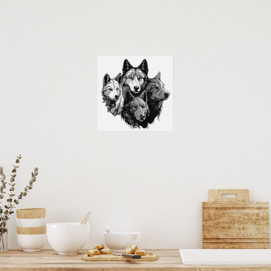 Wolf Pack Tribal Graphic Black and White Wolves Poster (Küche)