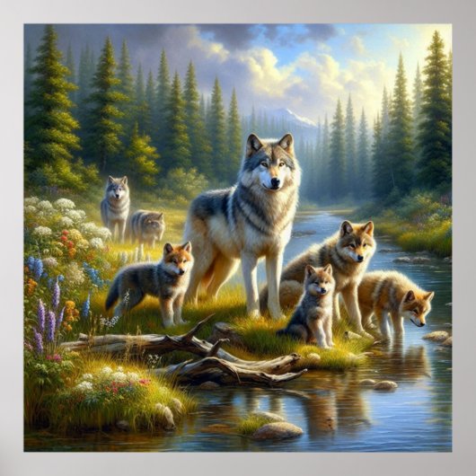 Wolf Pack Wolves Stream Nature Wildlife Poster (Vorne)