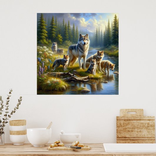 Wolf Pack Wolves Stream Nature Wildlife Poster (Küche)