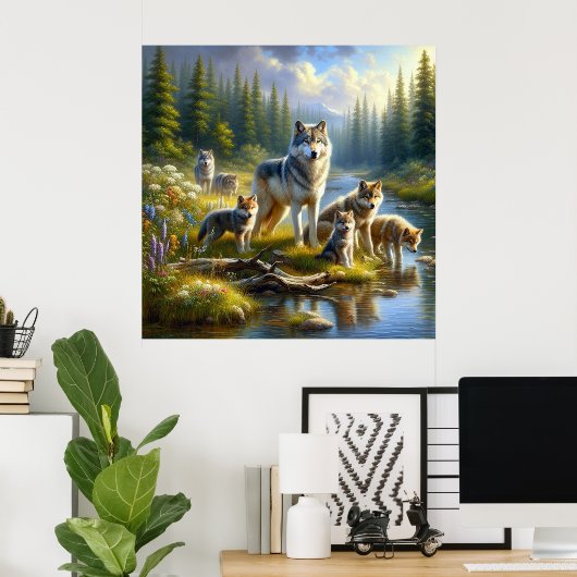 Wolf Pack Wolves Stream Nature Wildlife Poster (Heimbüro)