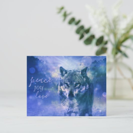 Wolf Peace Joy Liebe New Year Postcard Postkarte (Stehend Vorderseite)