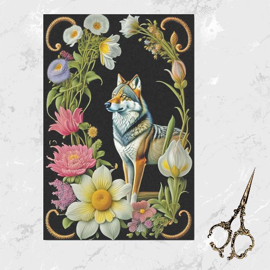 Wolf Pink Yellow Floral Artwork Seidenpapier