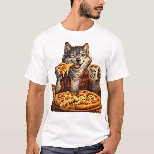 Wolf Pizza Coffee Funny Vintage Cartoon T-Shirt (Vorderseite)