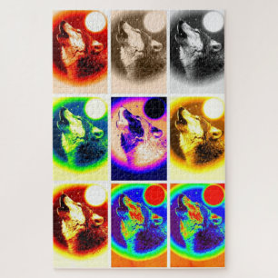 Wolf Pop Art Freedom Blue Night Fullmoon Puzzle