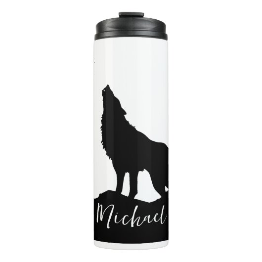 Wolf Pop Art Your Name Custom Schwarz-weiß Thermosbecher (Vorderseite)