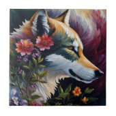 Wolf Portrait Floral Art Fliese (Vorderseite)