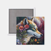 Wolf Portrait Floral Art Magnet (Vorderseite/Rückseite)