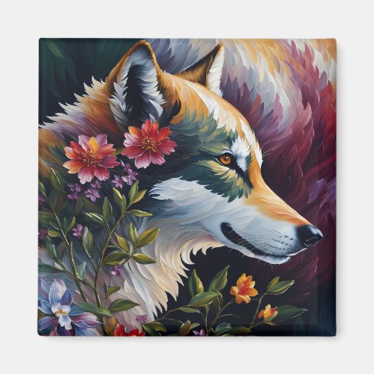Wolf Portrait Floral Art Magnet (Vorne)