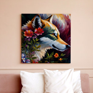 Wolf Profile Floral Portrait Art Leinwanddruck