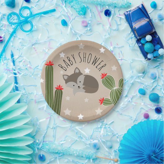 Wolf Pup Floral Succulent Cactus Baby Shower Pappteller (Party)