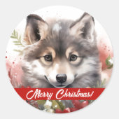 Wolf Pup Frohe Weihnachten Aufkleber (Vorderseite)