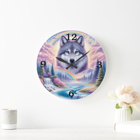 Wolf, Rainbows and Waterfalls Große Wanduhr (Zuhause)