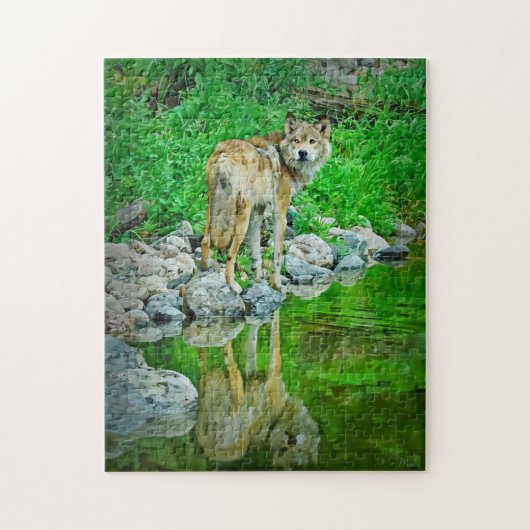 Wolf-Reflektion, Grenzgewässer, Minnesota Puzzle (Vertikal)