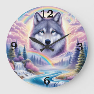 Wolf, Regenbogen und Wasserfälle Große Wanduhr