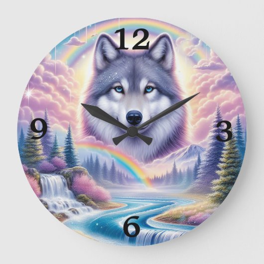 Wolf, Regenbogen und Wasserfälle Große Wanduhr (Vorderseite)
