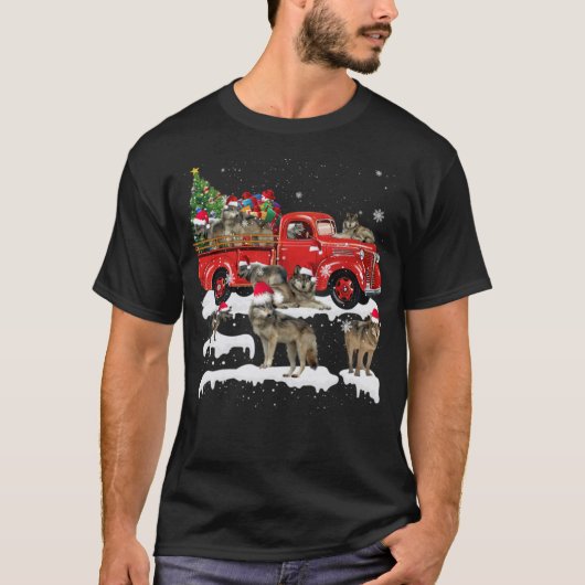Wolf Riding Red Truck Frohe Weihnachten Weihnachte T-Shirt (Vorderseite)