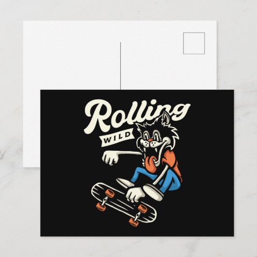 Wolf Rolling Wild Skate Design Postkarte (Vorne/Hinten)