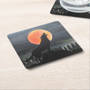 Wolf-Silhouette-Malerei von Alfred Fox Rechteckiger Pappuntersetzer