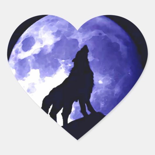 Wolf Silhouette & Vollmond Herz-Aufkleber (Vorderseite)