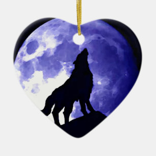 Wolf Silhouette & Vollmond Keramik Ornament