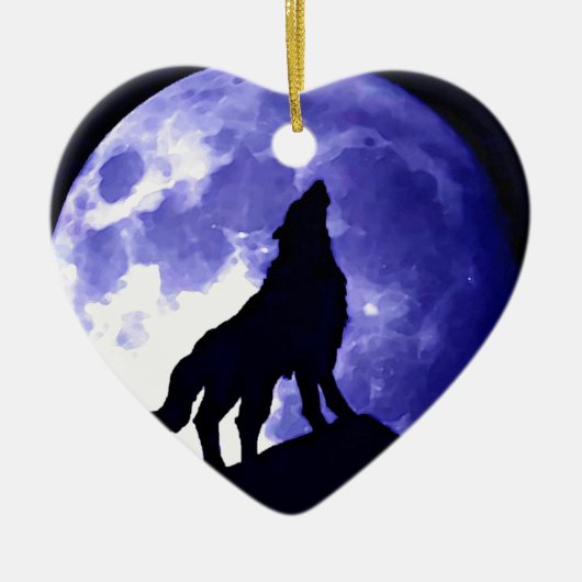 Wolf Silhouette & Vollmond Keramik Ornament (Vorne)