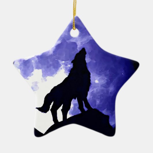 Wolf Silhouette & Vollmond Keramik Ornament (Vorne)